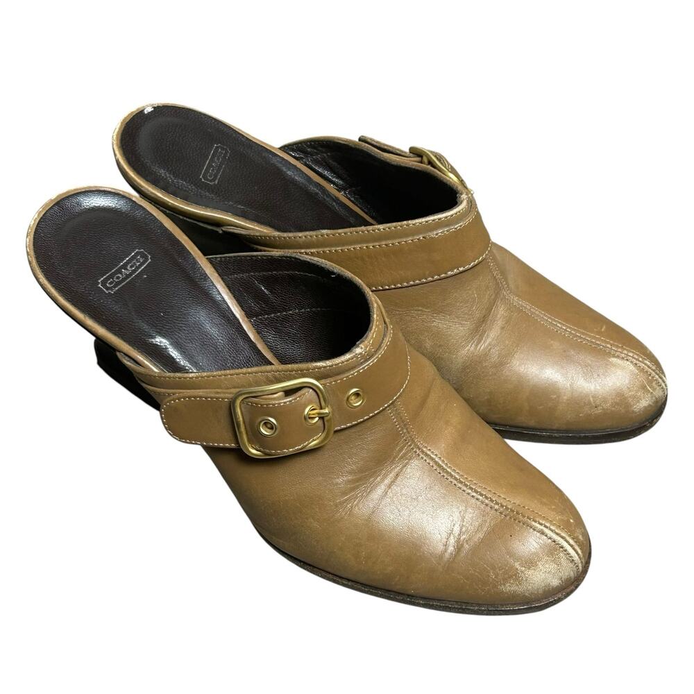 Vintage Coach Tan Leather Buckle Wedge Mules Size 6